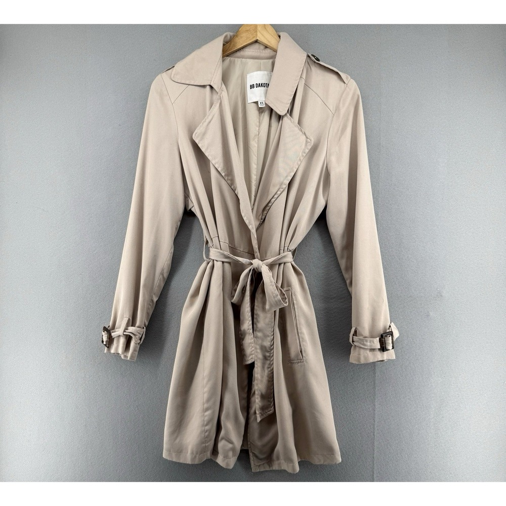 BB Dakota Trench Coat Womens XS Khaki Classic Long Belted Jacket Lightweight